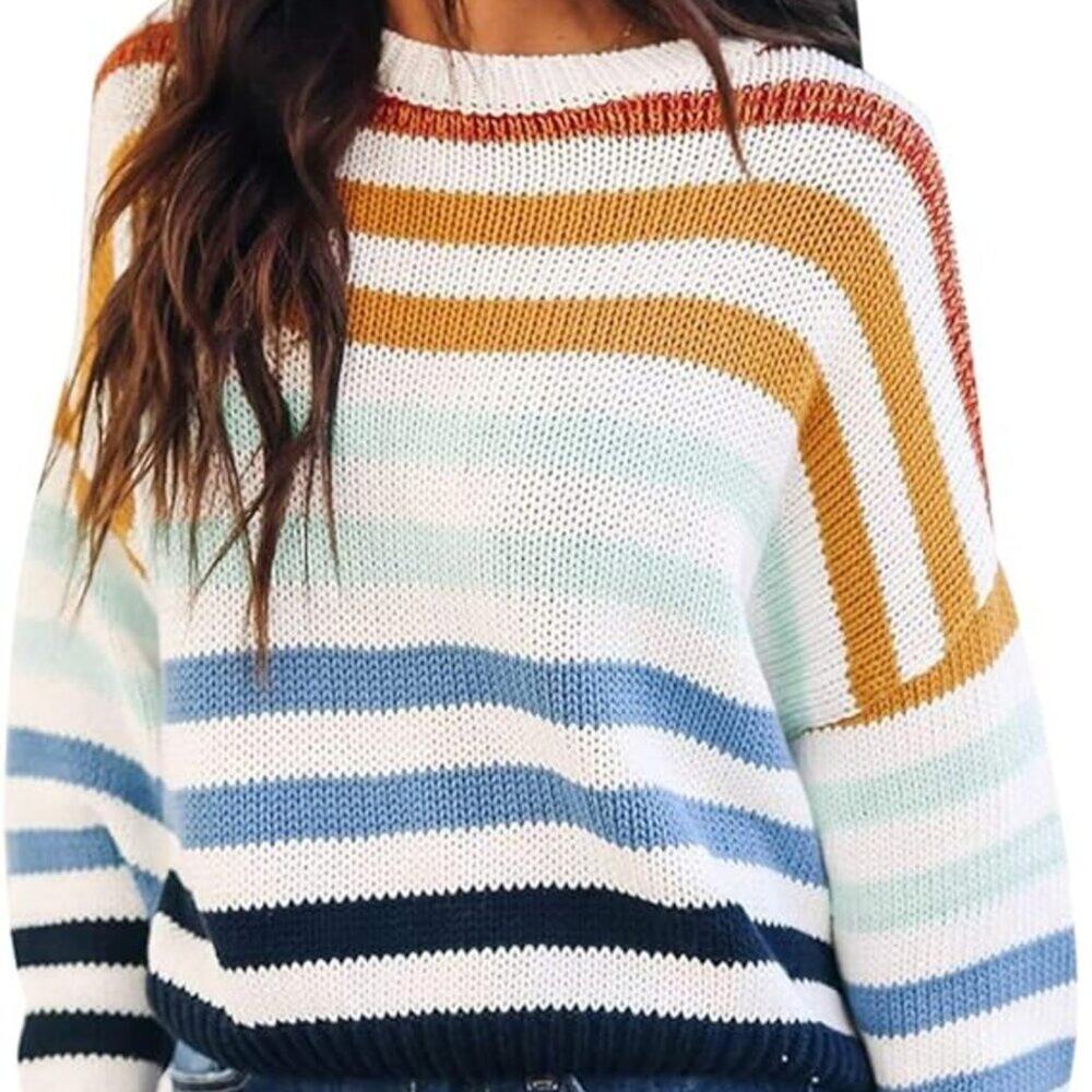 ZESICA Women's Long Sleeve Crew Neck Striped Color Block Sweater Small - Picture 2 of 8